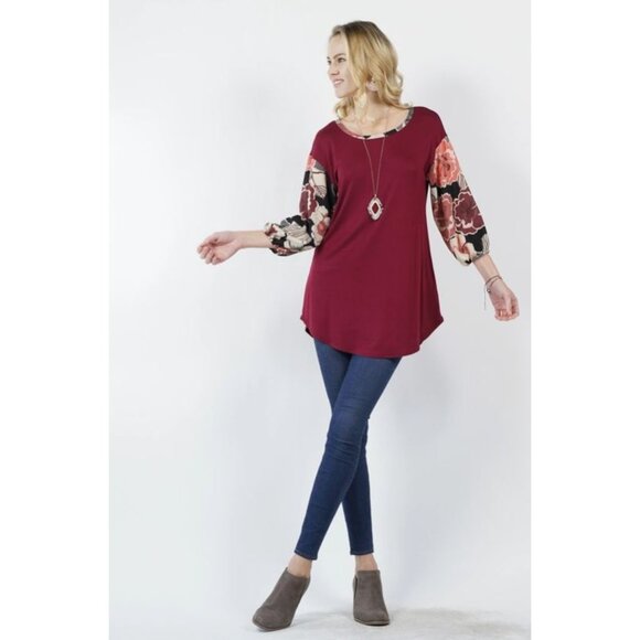 Floral Sleeve Wine Burgundy Tunic Top L/Grande Rayon/Spandex  Made In USA - Picture 2 of 6